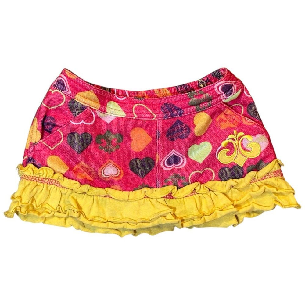 Vintage Y2K Dereon Baby Skirt 3-6 Months Pink Hearts Fleur de Lis Ruffle Hem